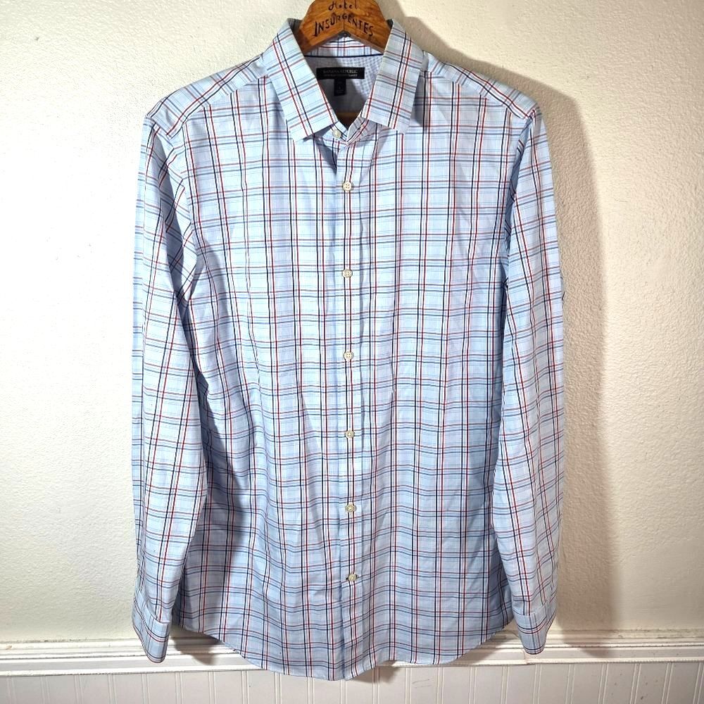 Banana Republic Men's Non Irom Tailored Slim Fit Blue Plaid Long Sleeve Shirt LG